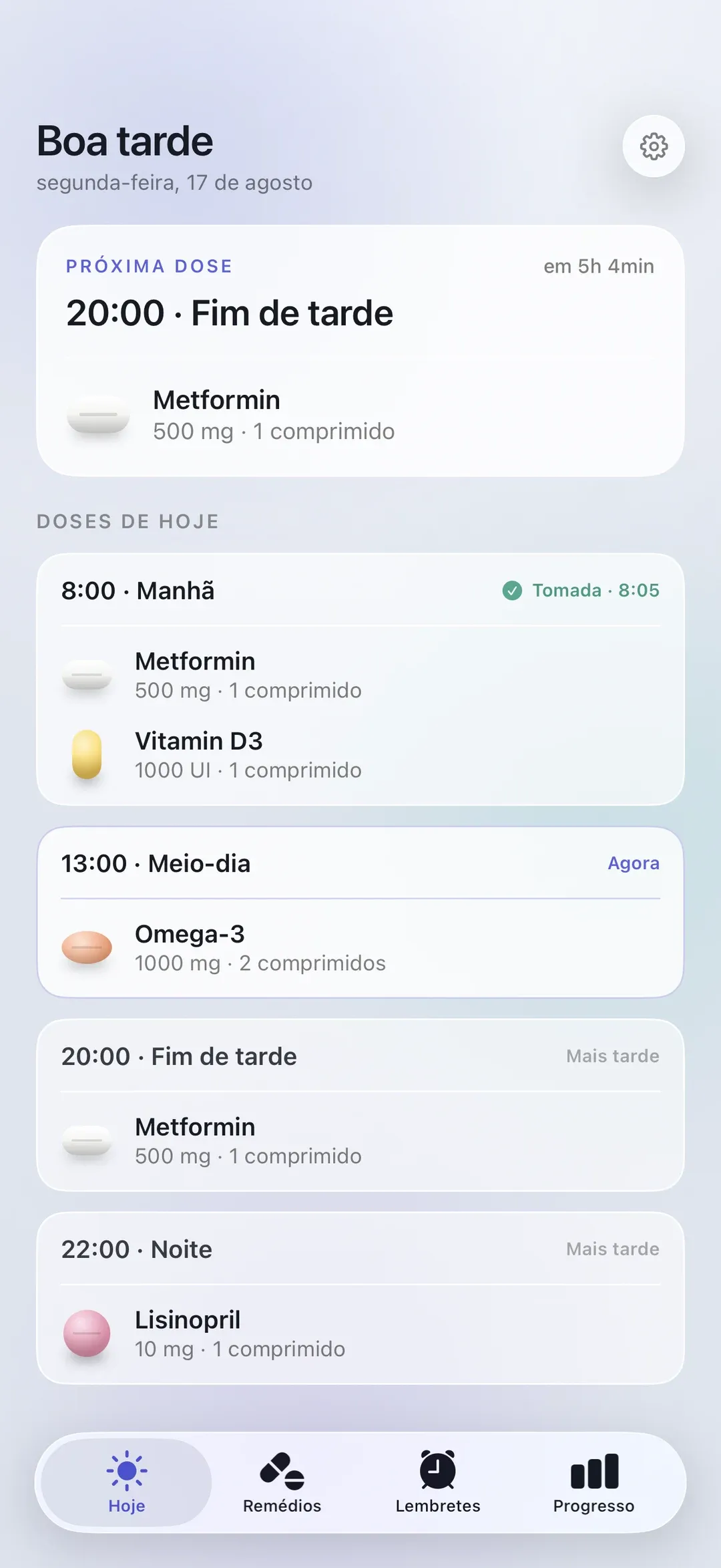 The PillSeal Today screen on iPhone, showing the next dose and the full schedule for the day.