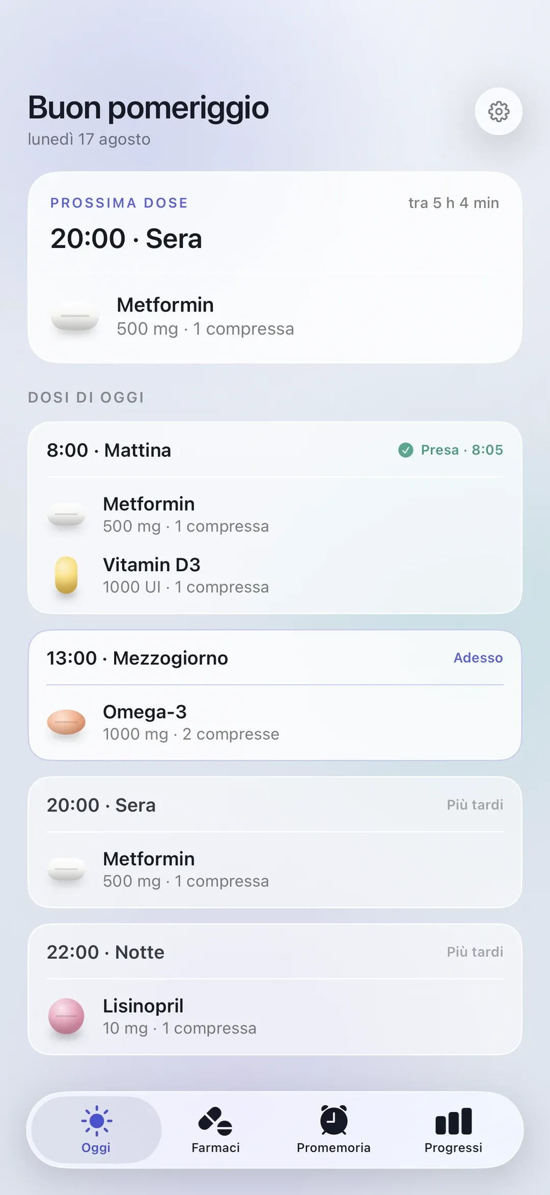 The PillSeal Today screen on iPhone, showing the next dose and the full schedule for the day.