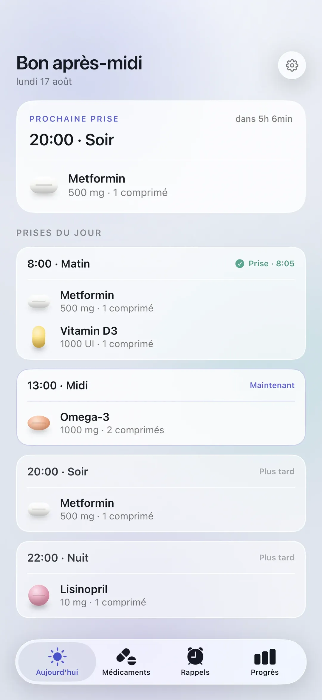 The PillSeal Today screen on iPhone, showing the next dose and the full schedule for the day.