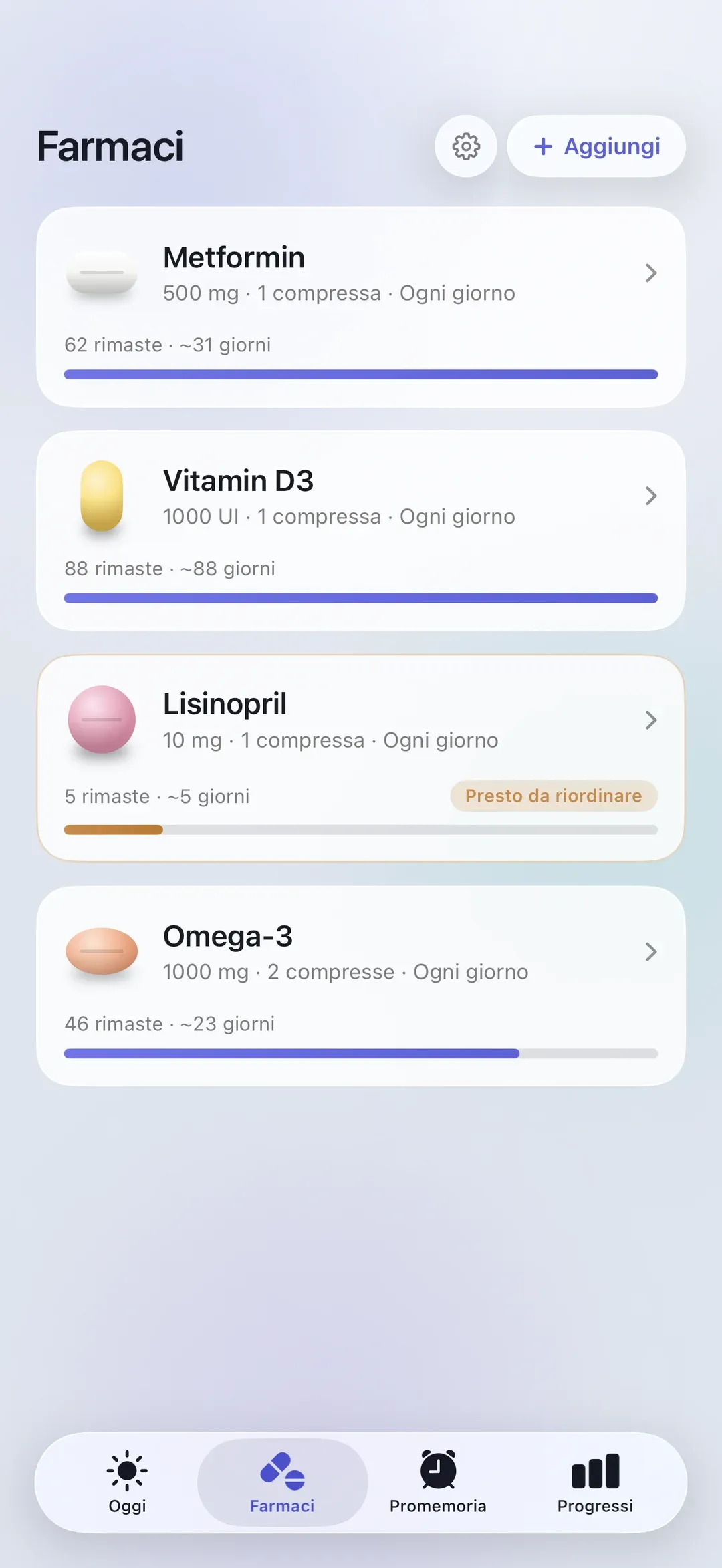 The PillSeal medications list, showing each medication's remaining supply.