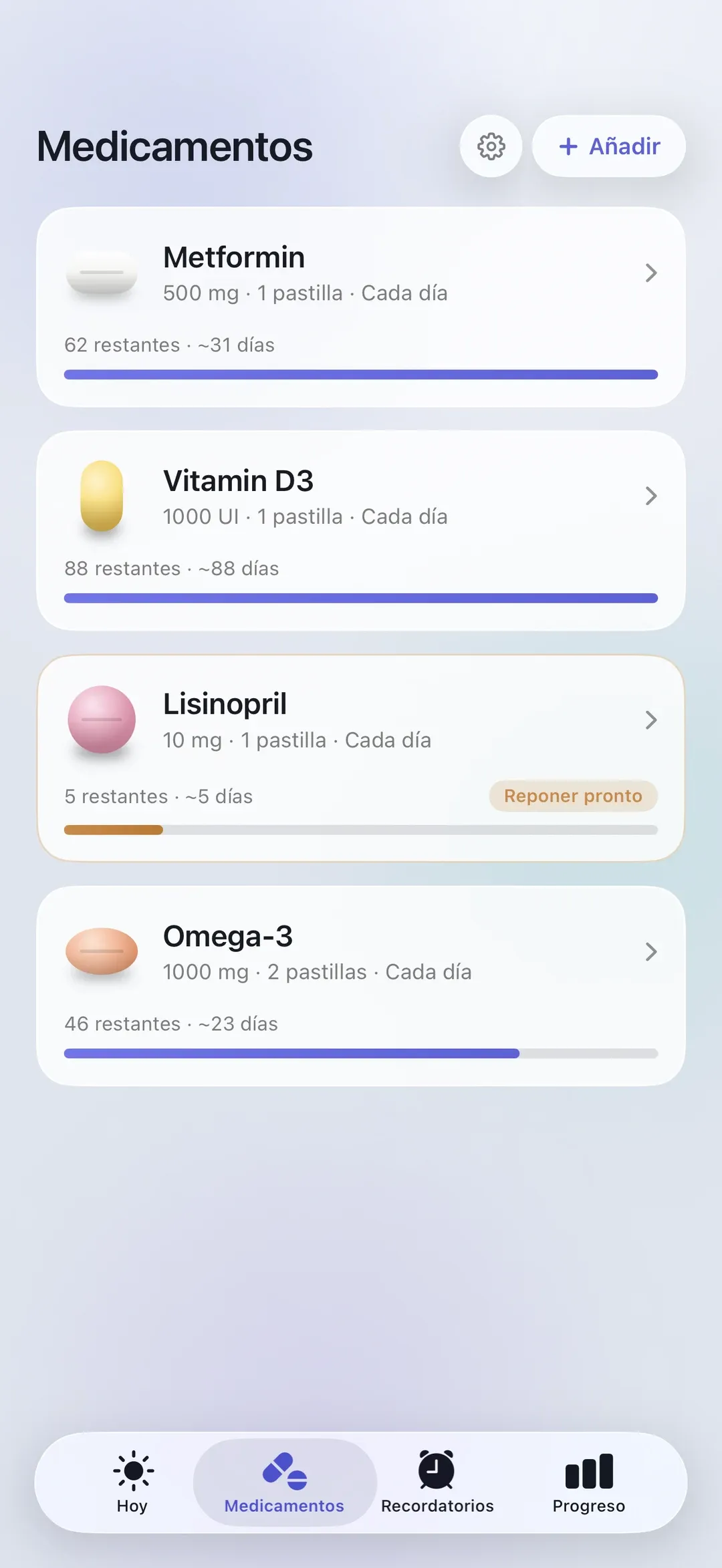 The PillSeal medications list, showing each medication's remaining supply.