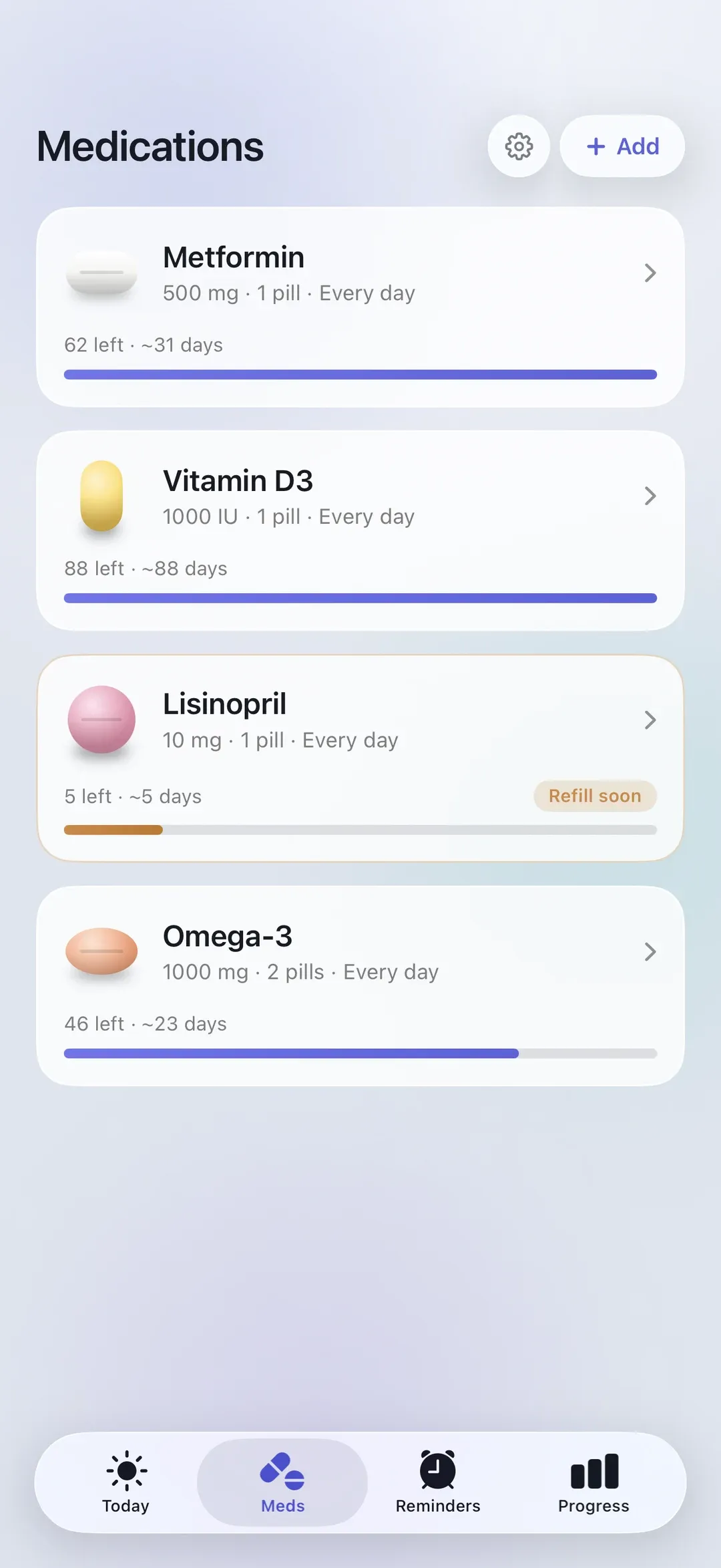 The PillSeal medications list, showing each medication's remaining supply.