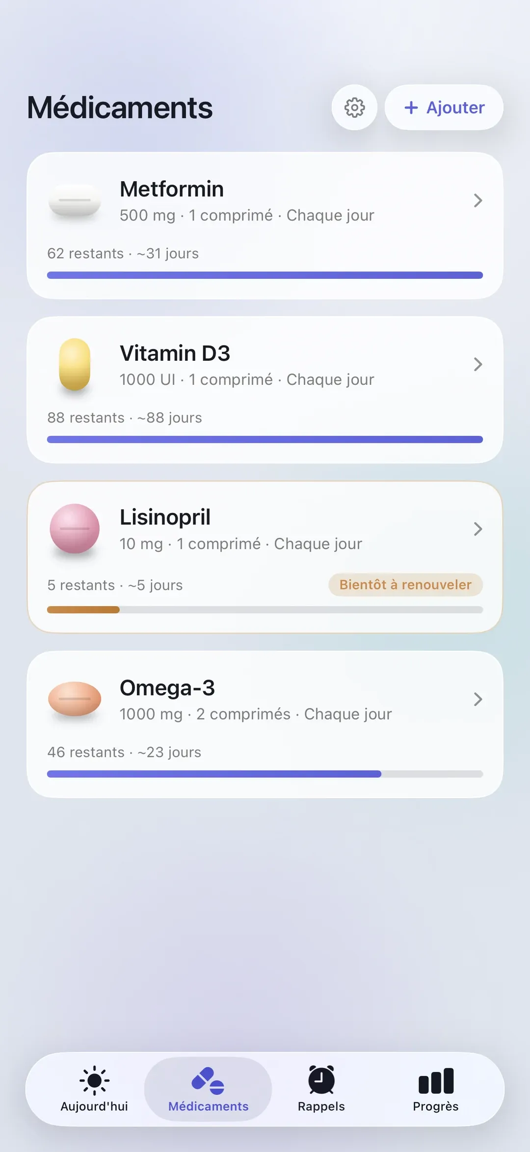 The PillSeal medications list, showing each medication's remaining supply.