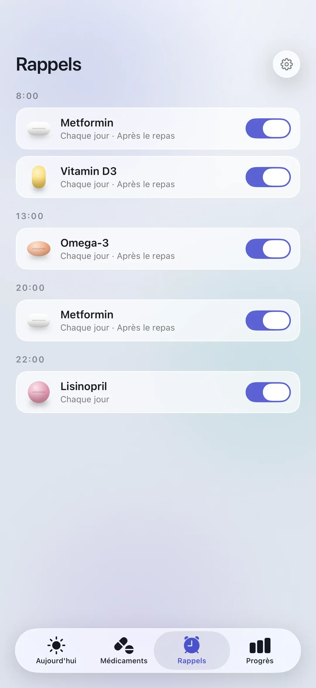 The PillSeal Reminders screen, showing the dose reminders built automatically from a medication's schedule.