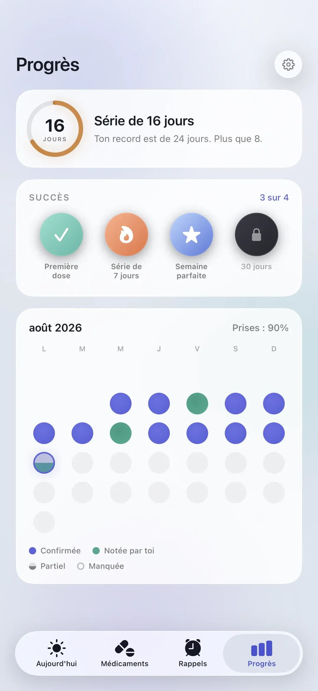 The PillSeal Progress screen, showing an adherence streak and monthly history.