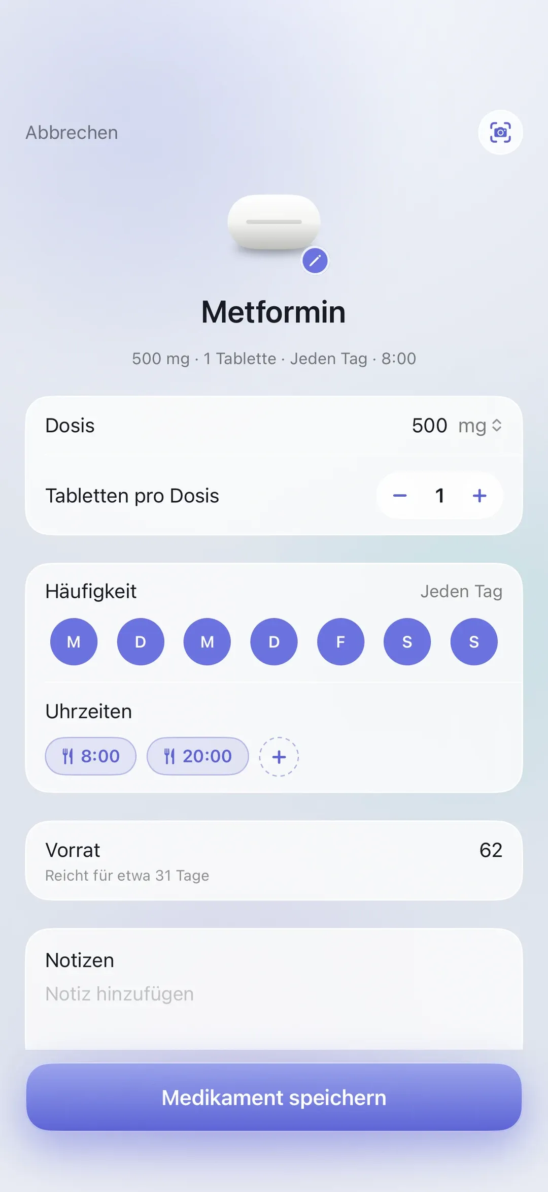 The PillSeal medication editor on iPhone, showing dose, pills per dose, frequency, times and supply.