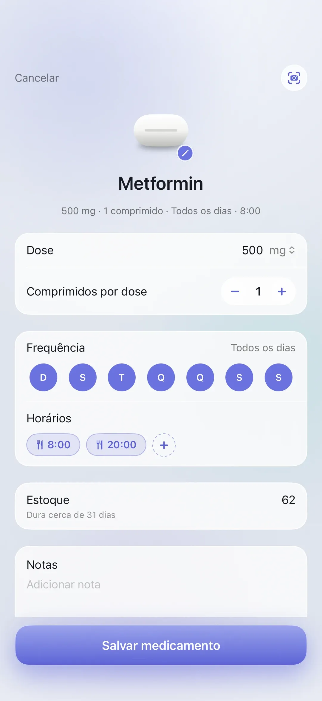 The PillSeal medication editor on iPhone, showing dose, pills per dose, frequency, times and supply.
