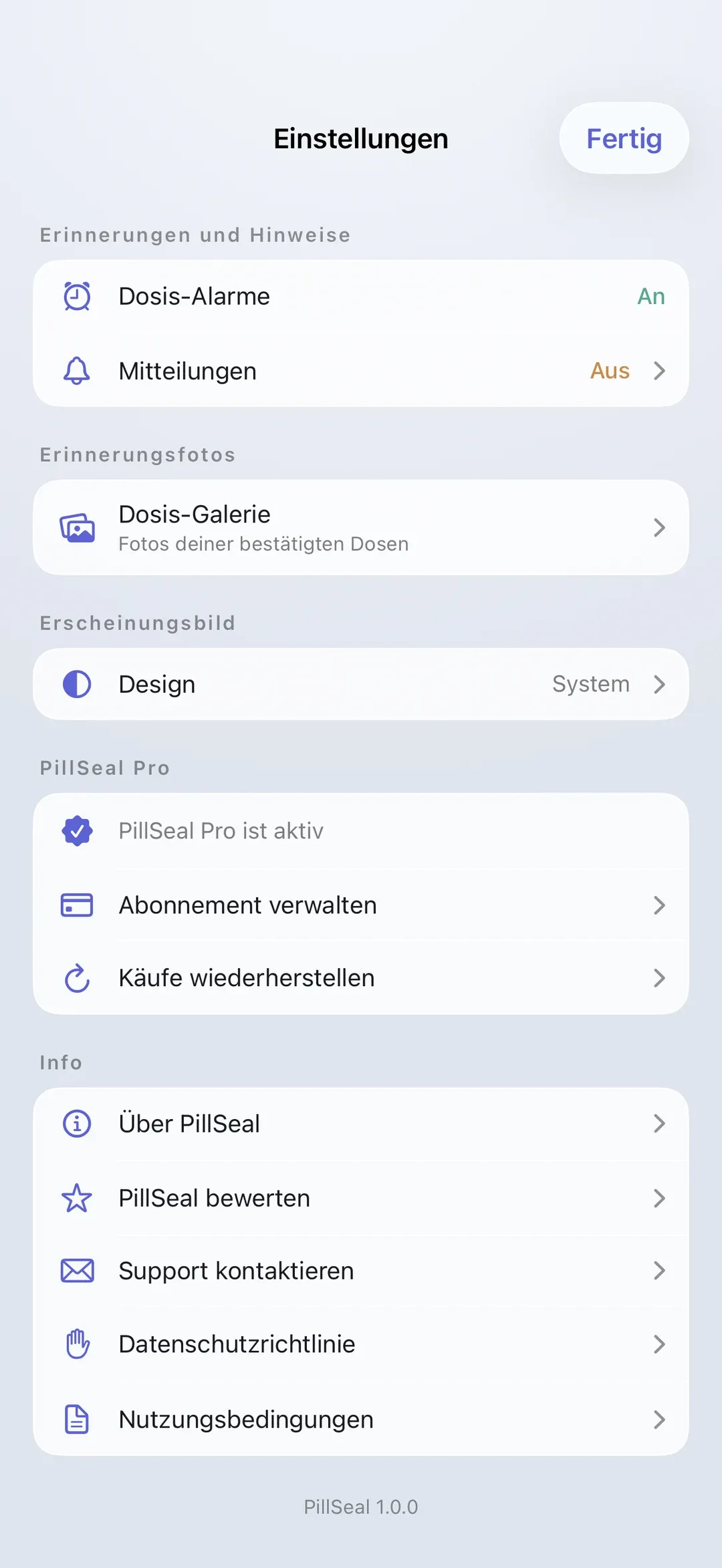 The PillSeal settings screen.