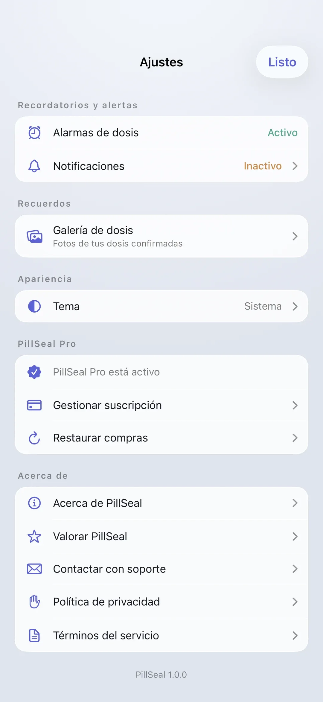 The PillSeal settings screen.