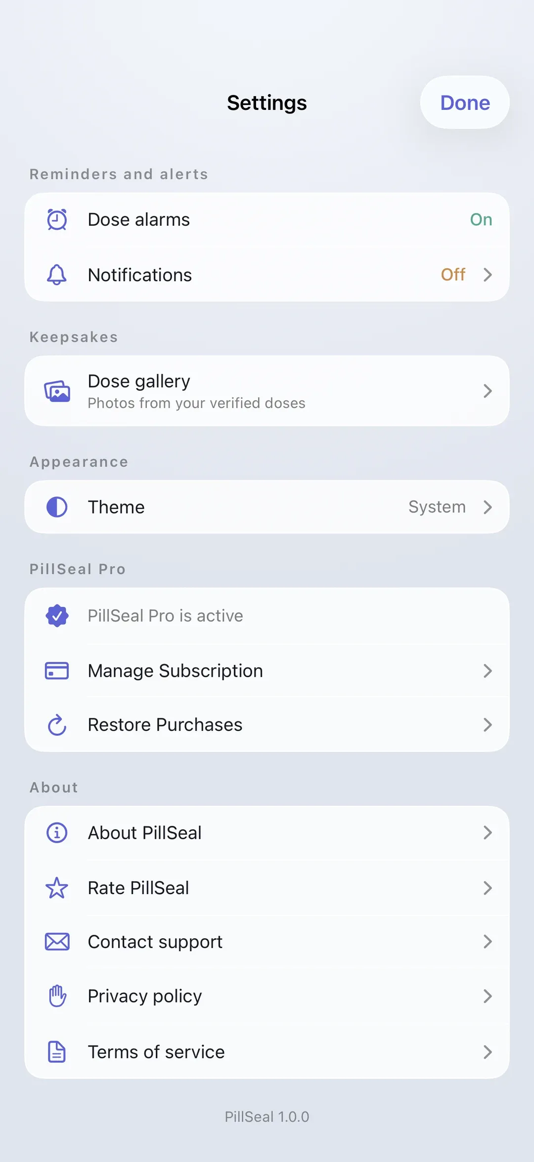 The PillSeal settings screen.