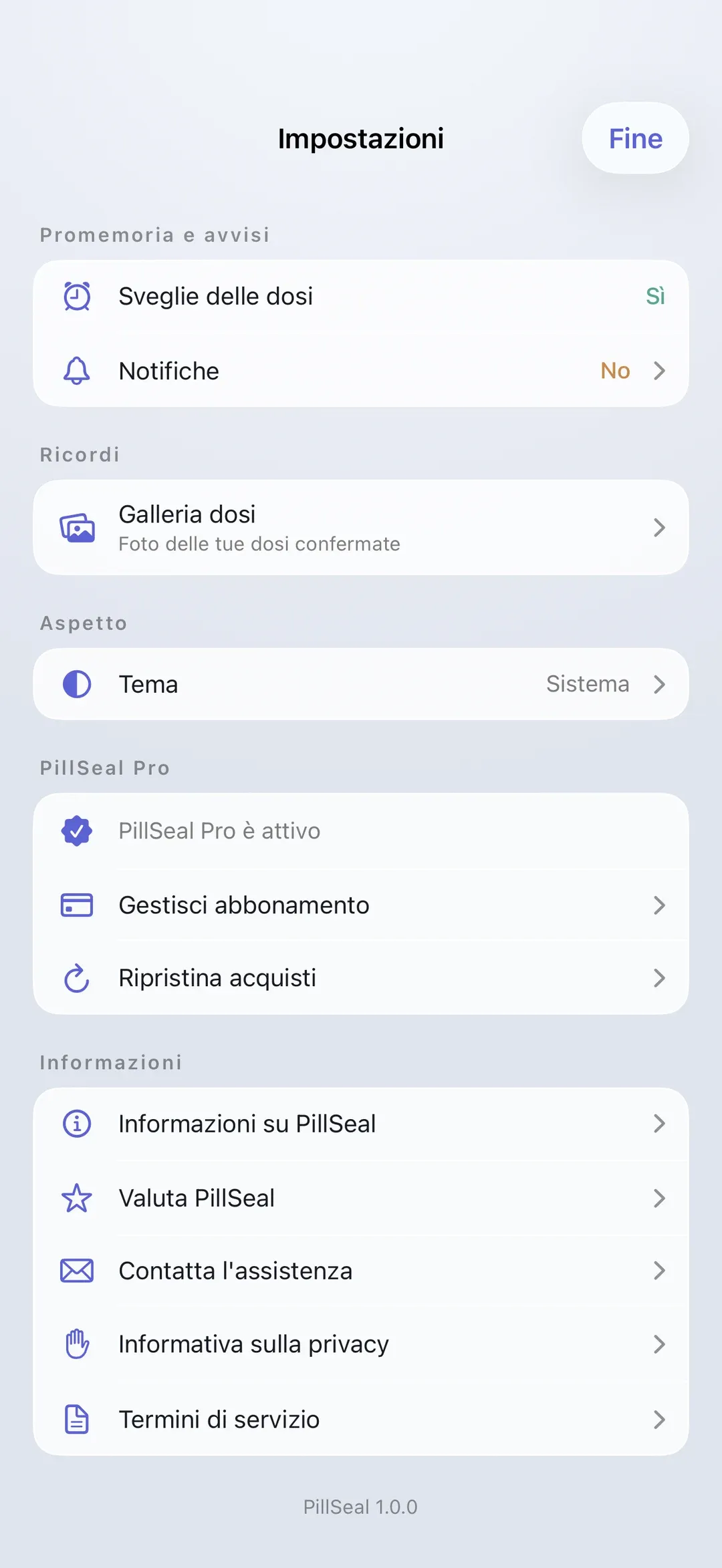 The PillSeal settings screen.