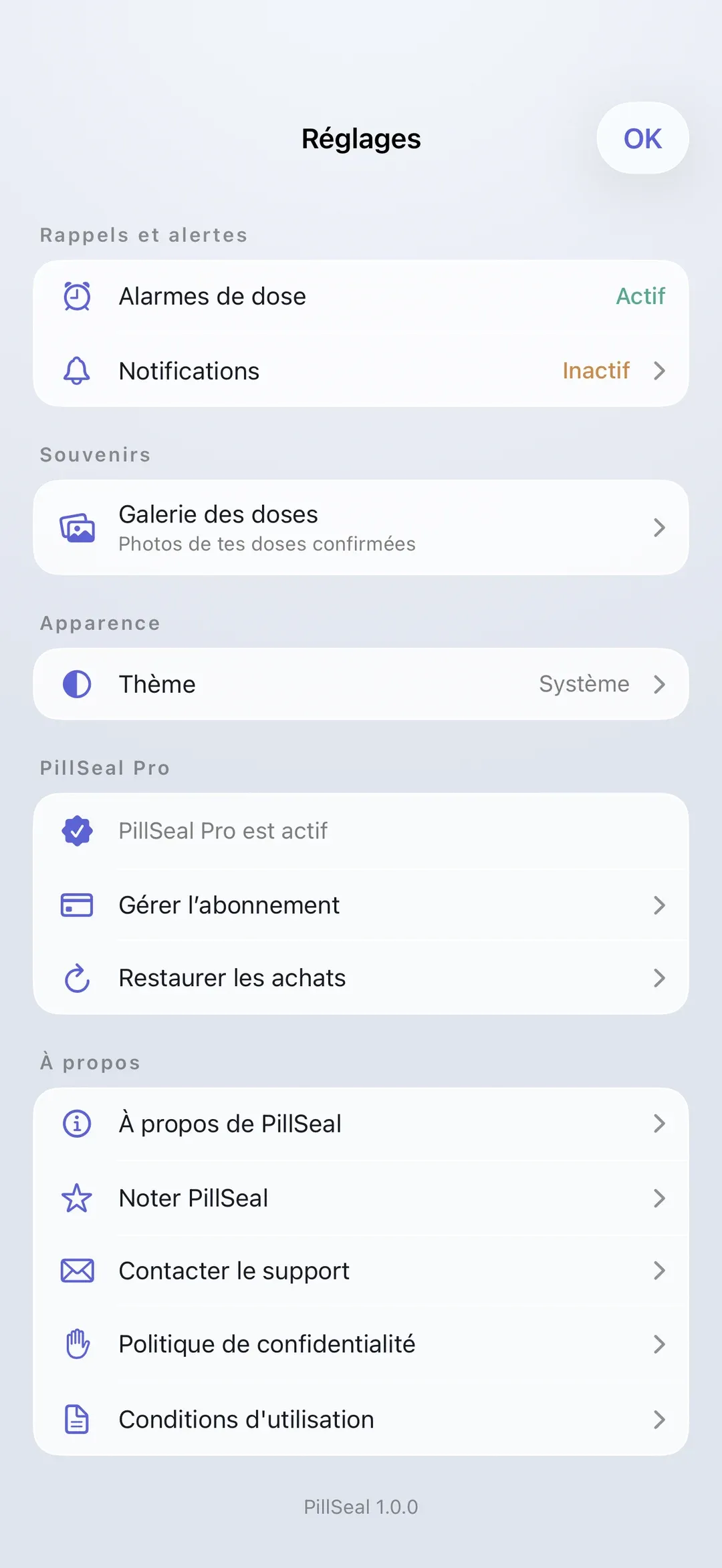 The PillSeal settings screen.