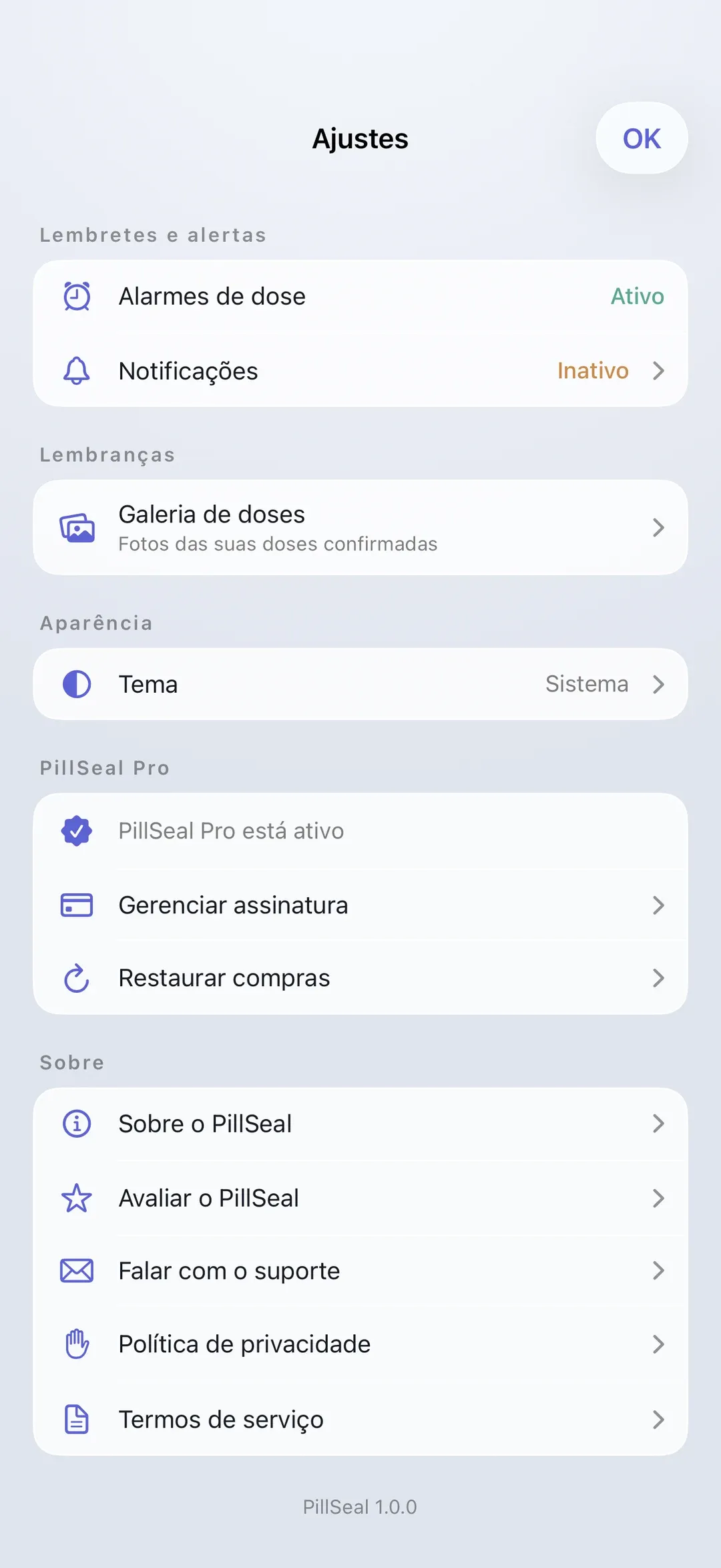The PillSeal settings screen.