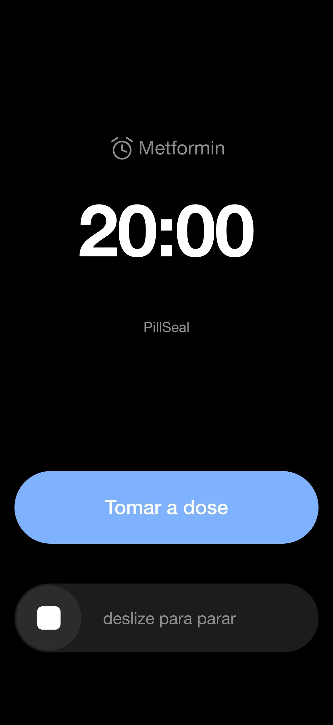 The PillSeal dose alarm ringing on the iPhone lock screen, with a Take the dose button and slide to stop.
