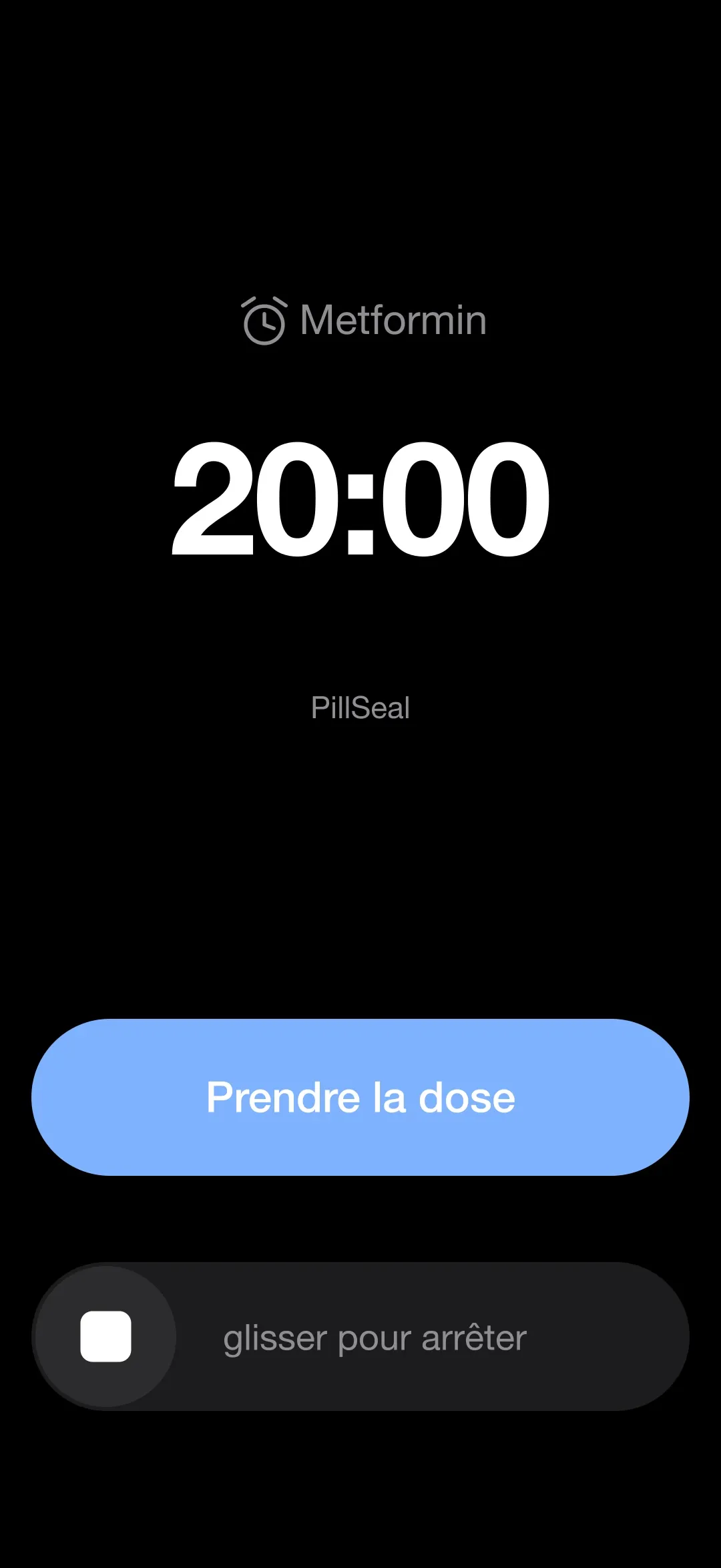 The PillSeal dose alarm ringing on the iPhone lock screen, with a Take the dose button and slide to stop.
