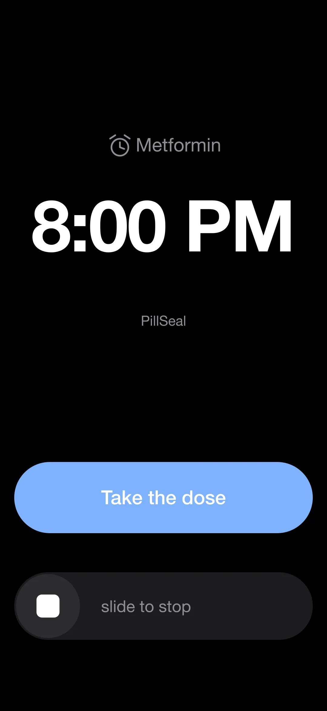 The PillSeal dose alarm on the iPhone lock screen.