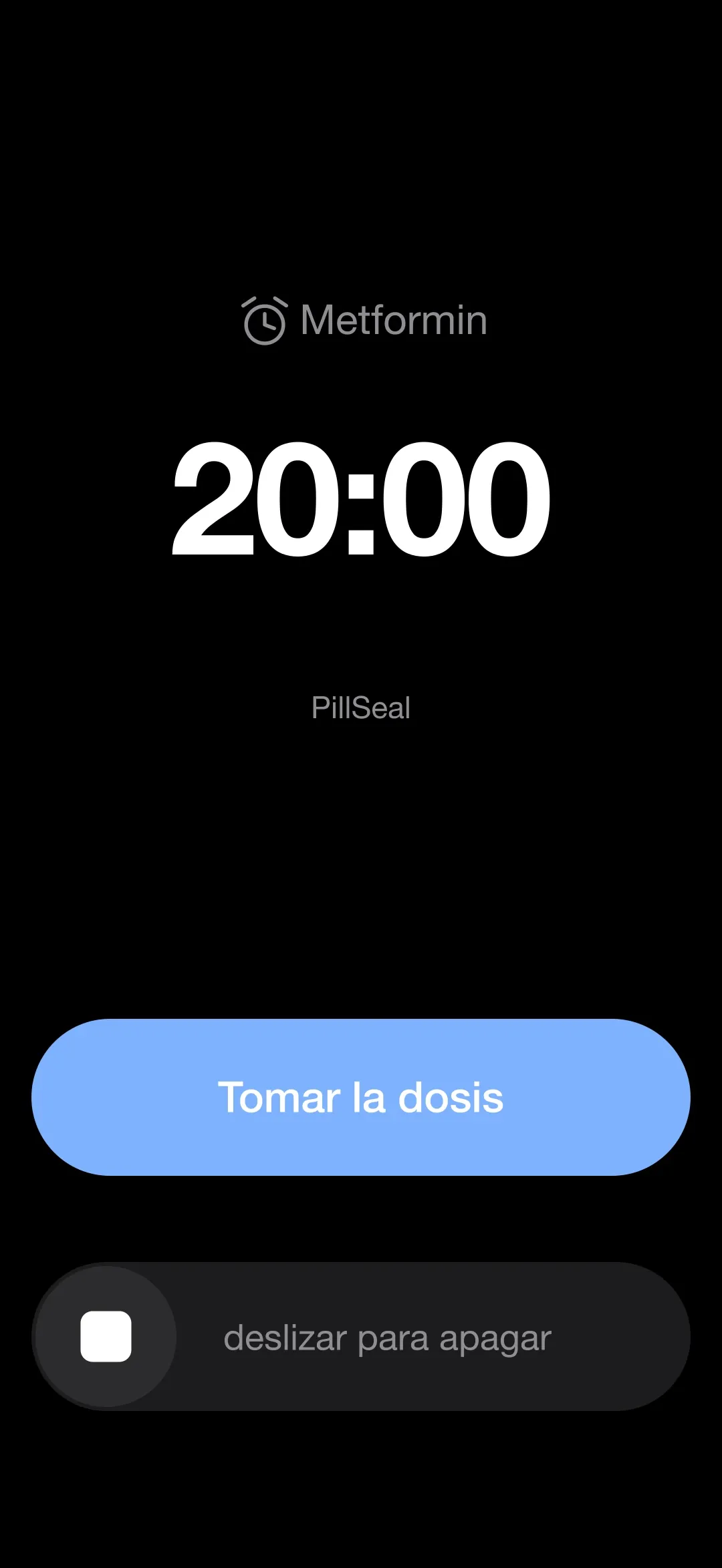 The PillSeal dose alarm ringing on the iPhone lock screen, with a Take the dose button and slide to stop.